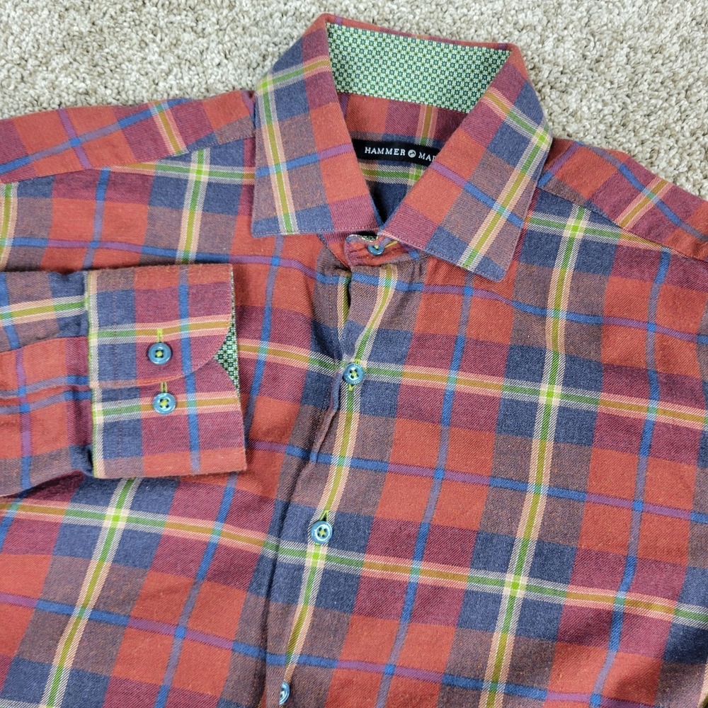 Hammer Made Mens‎ Medium Red Blue Plaid Button Up Long Sleeve